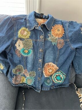 Womens Denim Jacket with Multicolor Floral Appliqués